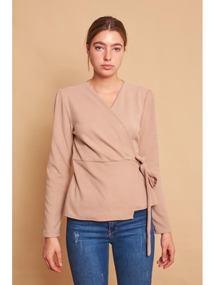 Jument Kruvaze Anvelop Yandan Ayarlanabilir Bağlamalı Uzun Kol Hafif Likralı Triko Bluz-Koyu Bej