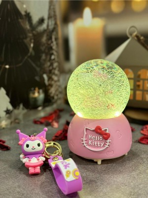 Bent Hello Kitty Temalı Müzikli Işıklı Püskürtmeli Kar Küresi ve Anahtarlık Set