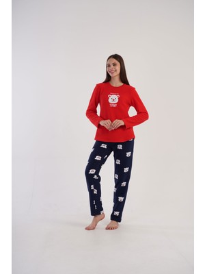 Vienetta Kadın Polar Ayıcıklı Kırmızı Lacivert - Uzun Kollu Pijama Takımı