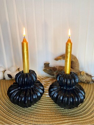 Bnge Ticaret Dekoratif 2 Adet Dokulu Siyah Mumluk Beton Tealight Set Şamdan & Şamdanlık