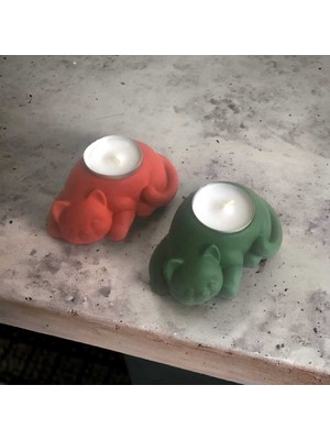 Hobimiz İşimiz  Beton - Dekoratif 2li Kedi Tealight Mumluk - Mum Hediyeli - Yeşil & Kırmızı