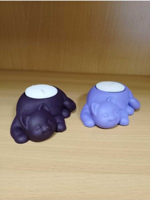 Beton - Dekoratif 2li Kedi Tealight Mumluk - Mum Hediyeli - Mor & Lila