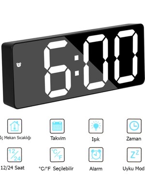 Techtic LED Dijital Masa Saati Alarm Termometre Tarih Aynalı Masaüstü Saat