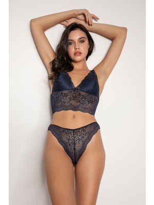 MiraLive Lacivert Destekli V Yaka Dantelli Büstiyer Takımı 5567