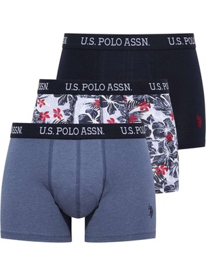U.S. Polo Assn. Erkek Lacivet Mavi Melanj Mavi Baskılı 3'lü Boxer 80447