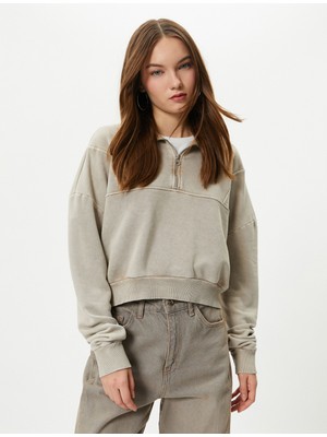 Koton Crop Yarım Fermuarlı Sweatshirt Dik Yaka Soluk Efektli Pamuk Karışımlı