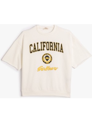 Koton Kolej Sweatshirt Kısa Kollu Bisiklet Yaka Baskı Detaylı