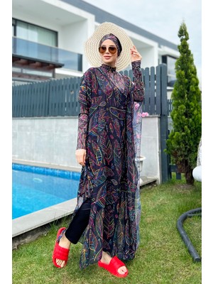 Remsa Mayo Remsa Tesettür Mayo Üzerine Desenli Tek Kaftan Pareo Renkli Yaprak Tema 430-303 Zeynep