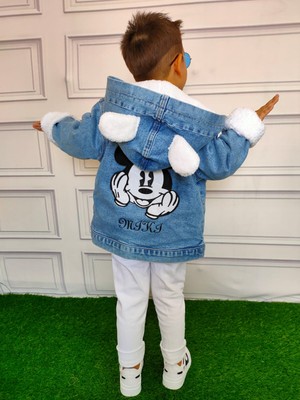 Ysfer Butik Çocuk Kot Mont  Kapüşonlu Mickey Mouse