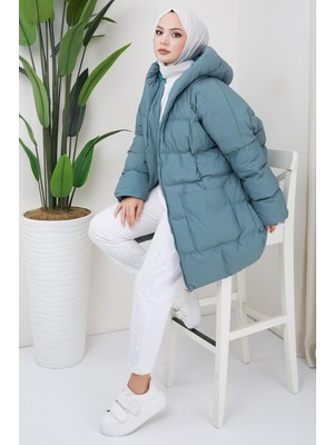 Haf Samina Kraşlı Oversize Dolgulu Mont Mint HM2316