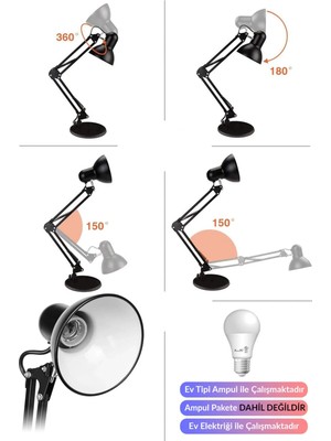 Moonlight Outdoor Masa Lambası Akrobat Yaylı Metal 360° Açılı Ayarlanabilir Hareketli Çalışma Masası Lambası Siyah