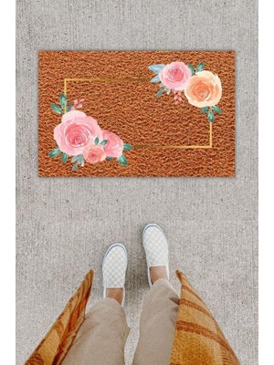 Stok Shop Dijital Baskı Dekoratif Çiçek Kahverengi Kapı Önü Paspası K-1237