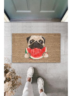 Stok Shop Dijital Baskı Kahverengi Dilim Karpuz Yiyen Köpek Dekoratif Kapı Paspası K-2032