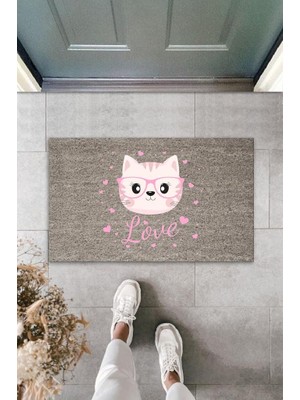 Stok Shop Dijital Baskı Gri Love Yazılı Pembe Gözlüklü Kedi Dekoratif Kapı Paspası K-2049
