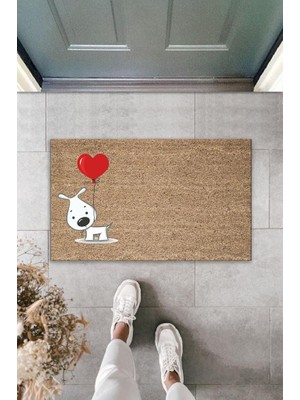Stok Shop Dijital Baskı Kahverengi Kırmızı Balonlu Beyaz Köpek Dekoratif Kapı Paspası K-2014