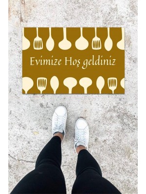 Stok Shop Dijital Baskı Kahverengi Kaşık Desen Kapı Önü Paspası K-1041