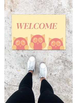 Stok Shop Dijital Baskı Pembe Üç Baykuş Desen Kapı Önü Paspası K-1032