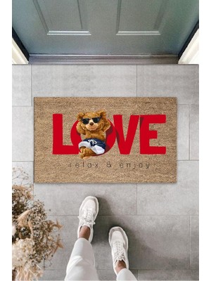 Stok Shop Dekoratif Dijital Love Ayıcık Bej Kapı Paspası Dış Mekan Paspas K-3178