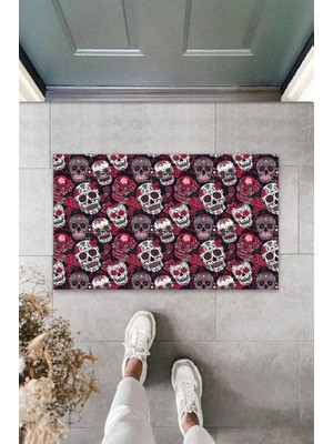 Stok Shop Dijital Baskı Kırmızı Çoklu Kurukafa Paspas K-3076