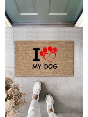 Stok Shop Dijital Baskı Kahverengi Kırmızı Kalpli I Love My Dog Dekoratif Kapı Paspası K-2016