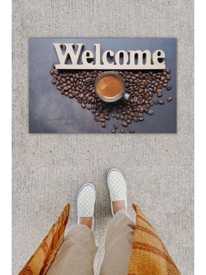 Stok Shop Dijital Baskı Dekoratif Welcome Koyu Gri Kapı Önü Paspası K-1251