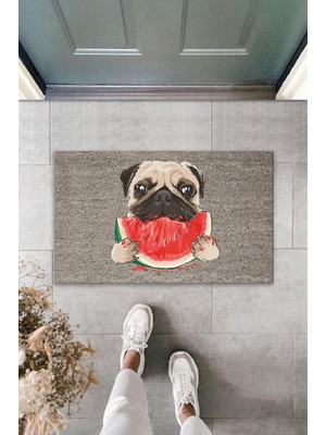 Stok Shop Dijital Baskı Gri Dilim Karpuz Yiyen Köpek Dekoratif Kapı Paspası K-2033