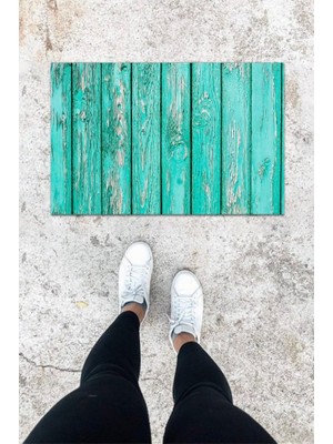 Stok Shop Dijital Baskı Mavi Ahşap Kapı Desen Kapı Önü Paspası K-1045