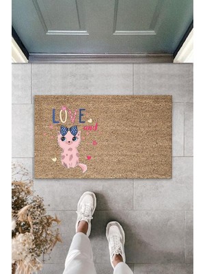 Stok Shop Dijital Baskı Kahverengi Love Yazılı Fiyonklu Pembe Kedili Dekoratif Kapı Paspası K-2020
