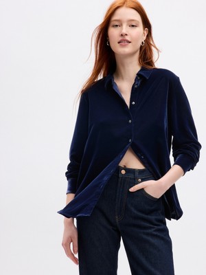 Gap Kadın Lacivert Kadife Boyfriend Gömlek