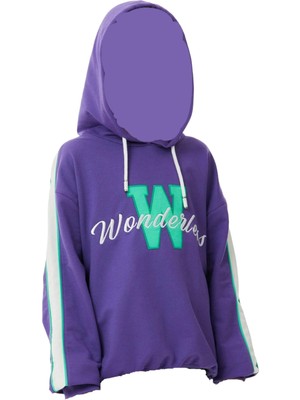 İrem Çocuk Giyim Kız Çocuk Wonderless Yazı Desenli Kolları Şeritli Kapüşonlu Mor Renk Sweatshirt