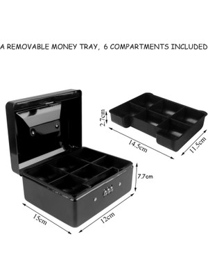 Sunshinee Kilitli Saklama Tepsili Dayanıklı Metal Para Kutusu - Şifreli Kilitli Küçük Para Kutusu 15 x 12 x 7,7 cm (Siyah) (Yurt Dışından)