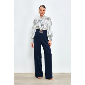 Bel Aksesuarlı Bol Paça Pantolon - Lacivert