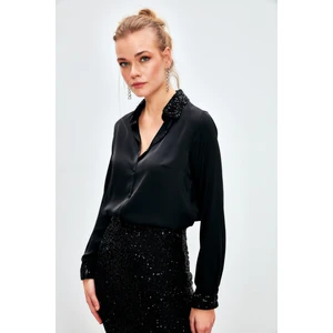 Payet Detaylı Saten Gömlek - Siyah