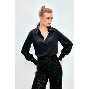 Payet Detaylı Saten Gömlek - Siyah