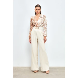 Bel Aksesuarlı Bol Paça Pantolon - Taş