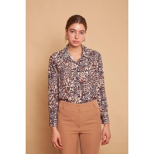 Desenli Yakalı Uzun Kol Likrasız Şık Kumaş Gömlek-Açık Bej Leopar