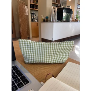 Sumicorn Design Yeşil Pötikareli Yıkanabilir Fermuarlı Tek Gözlü Bez Kalemlik Kalem Kutusu Cüzdan Makyaj Çantası