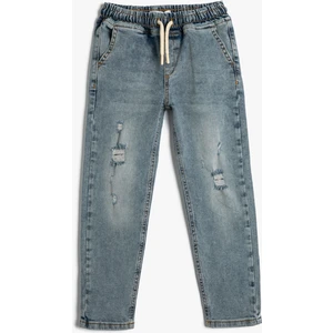 Kot Pantolon Yıpratılmış Detaylı Pamuklu Cepli Beli Bağlamalı