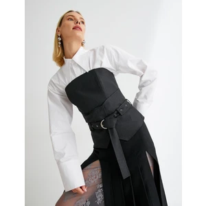 Çift Parça Görünümlü Bluz Kemerli Gömlek Yaka Uzun Kollu