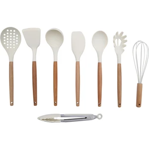 Beyaz Silikon Bambu Spatula, Kevgir, Kaşık, Kepçe, Fırça, Makarna ve Salata Kaşığı, Maşa 8'li Set