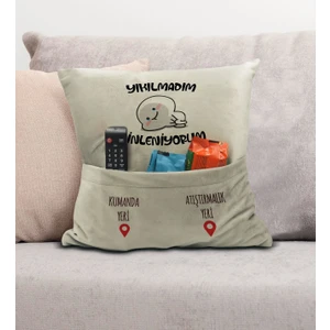 Bk Gift Eğlenceli Tasarımlı Organizer Kumanda ve Atıştırmalık Cepli Krem Kırlent Yastık- 5, Ev Dekoru,