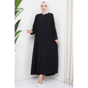 Hafsa Mina  Mina Büyük Beden Taşlı Ferace Siyah HM2308
