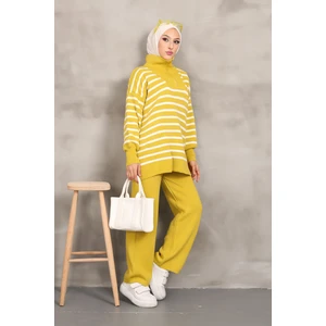 Yağ Yeşili Yaka Fermuarlı Çizgili Triko Takım