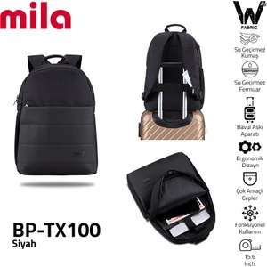 Classone Mila BP-TX100 Serisi 15,6 Inch , Su Geçirmez Kumaş ve Su Geçirmez Fermuar Notebook, Laptop , Macbook  Sırt Çantası -Siyah
