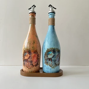 Mes Reves Design Özel Tasarım Desenli Sunum Stantlı 2'li 750 ml Zeytinyağı Sıvıyağ Şişesi Yağdanlık Yağlık