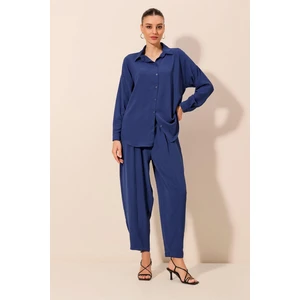 Saks Renkli Kadın Oversize İkili Takım %70 Viskon %30 Keten Şık ve Rahat Tasarım