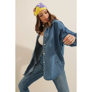 0662 Denim Balon Kollu Kot Ceket - Mavi