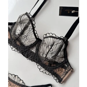 Intive Lingerie Madilyn Siyah Bej Modern Desenli Balenli Transparan Sütyen Takım