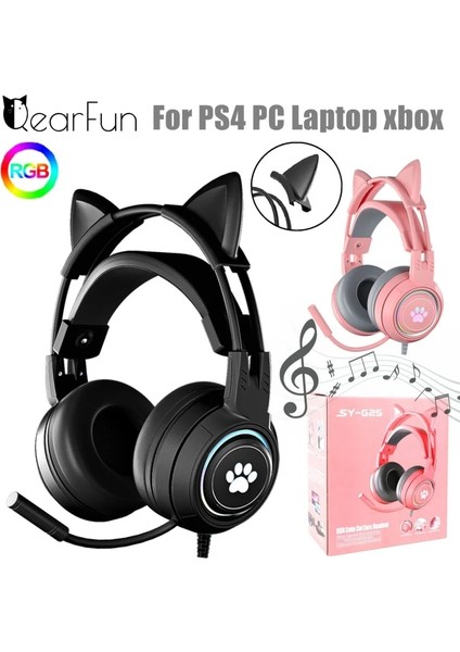 Pembe Hiçbir Kutu Hifi Stereo Pc Kulaklık Gamer Girls Pembe Kedi Ps4 Dizüstü Telefon Için Mikrofonlu Kulaklıklar Rgb Işık Siyah Kablolu Kulaklık Hediye (Yurt Dışından)