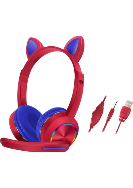 Kırmızı Kablolu Kulaklık Çocuklar Için Bilgisayar 3.5mm Jack Uzun Kablo Mikrofon ile Kedi Kulak Moda Hediyeler Stereo Dizüstü Sevimli LED Aydınlatma (Yurt Dışından) modelleri